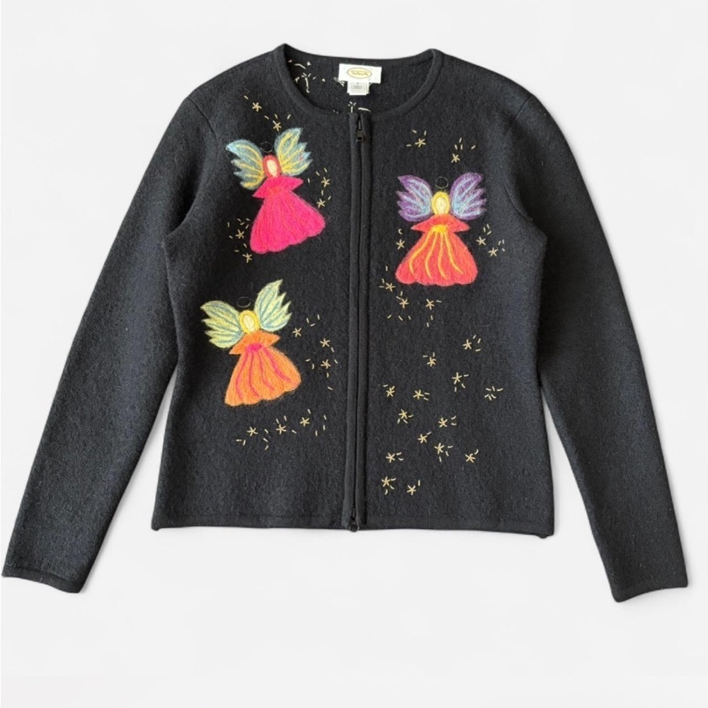 Talbots Black 100% Wool Cardigan with Colorful Embroidery Fairy Whimsy